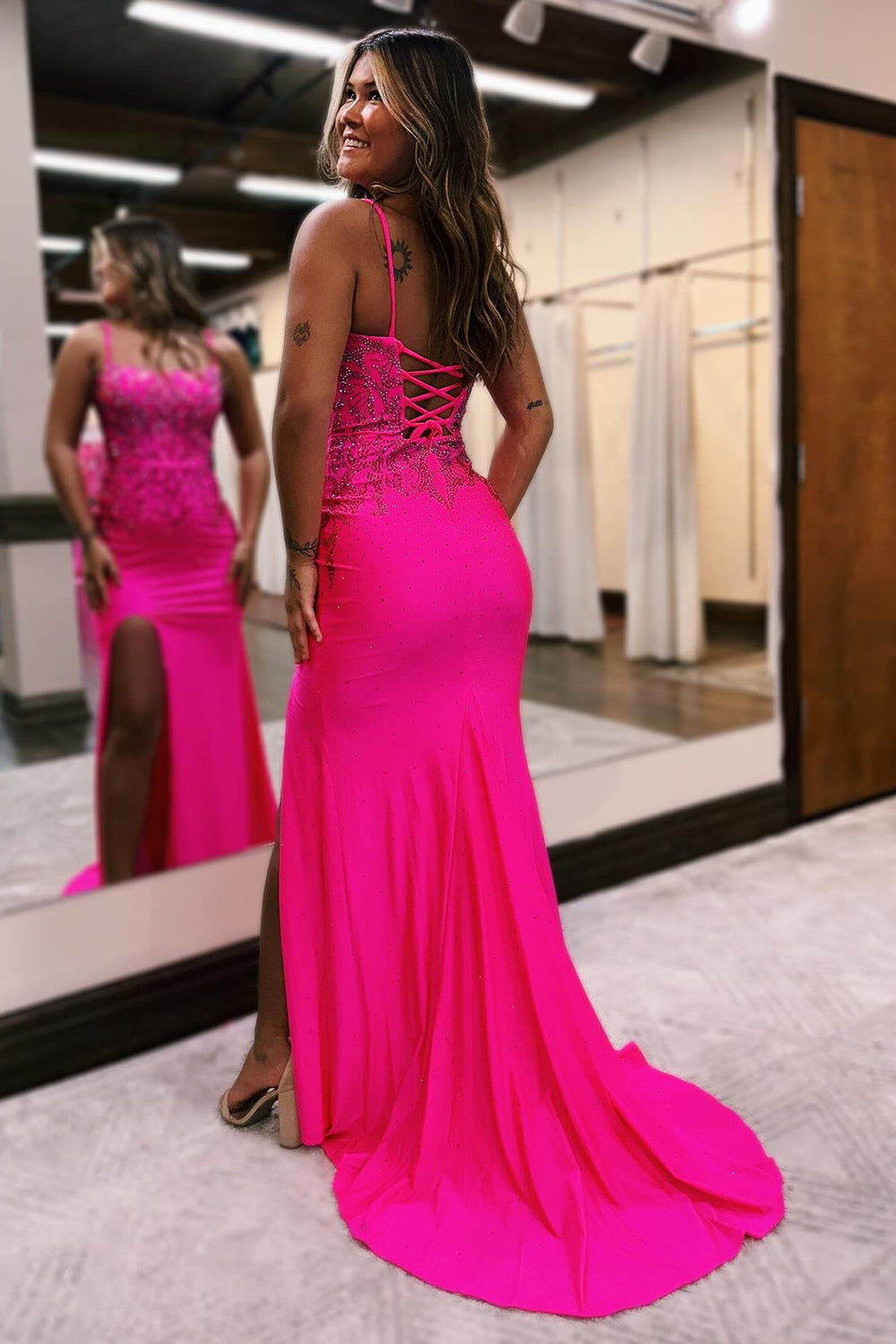 Sparkly Hot Pink Mermaid Long Beaded Prom Dress with Slit