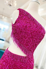 Sparkly Fuchsia Sequins Fringed Cut Out Tight Short Homecoming Dress