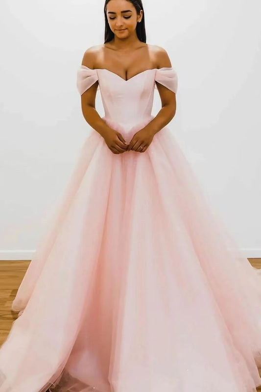 Blushing Pink Off-The-Shoulder Evening Dress with V-Neck and Strapless Tulle