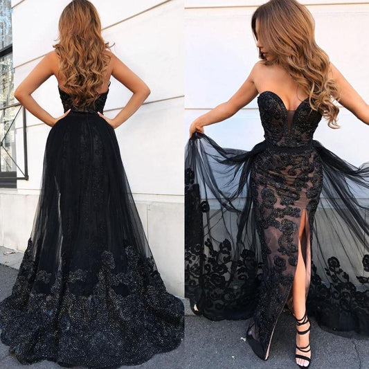 Sweetheart Long Lace Evening Dress with Split and Ruffles