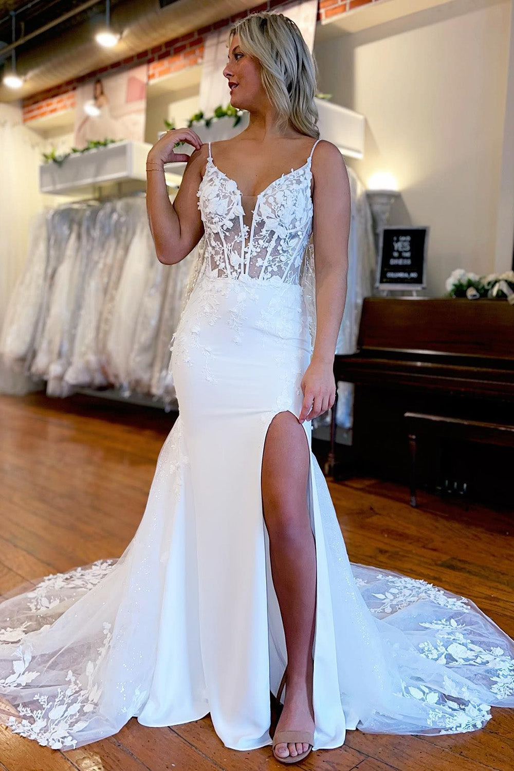 Chic Ivory Spaghetti Straps High Slit Mermaid Wedding Dress with Appliques