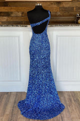 Blue Evening Dress One Shoulder Mermaid Sequin Prom Dress