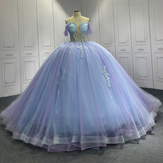 Blue Quinceanera Dress Sweet 15 Evening Dress Crystal Sleeveless Off Shoulder Ball Gown Dress