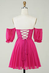 A-Line Fuchsia Corset Chiffon Short Homecoming Dress with Lace