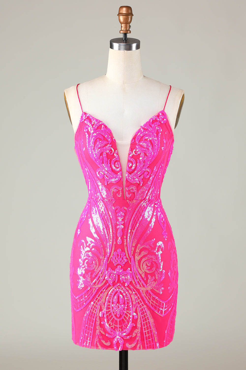 Sparkly Pink Spaghetti Straps Backless Tight Sequins Short Homecoming Dress