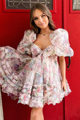 Ivory Puff Sleeves A-Line Floral Short Homecoming Dress with Ruffles