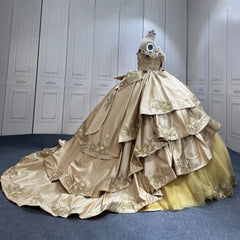 Gold Quinceanera Dress Sweet 15 Evening Dress Crystal Sleeveless Beading Flowers Ball Gown Dress