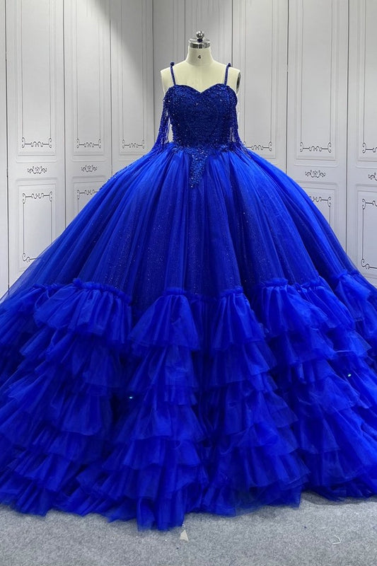 Blue Quinceanera Dress Sweet 15 Evening Dress Crystal Sleeveless Beading Ball Gown Dress