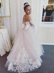 Ivory Long Sleeves Appliques Tulle Flower Girl Dress with Bowknot