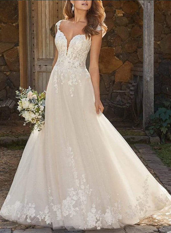 V-Neck Tulle Lace A-Line Wedding Dresses With Appliques Lace