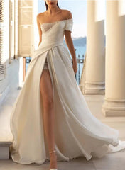 Off the shoulder Satin A-Line/Princess Wedding Dresses with Sequins Split Front