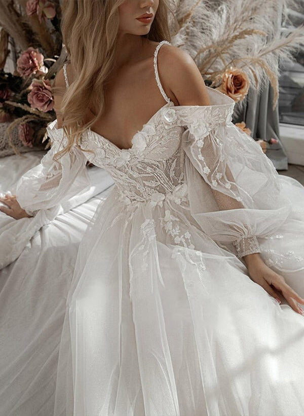 Sweetheart Tulle Lace Sweep Train Wedding Dresses With Lace