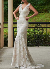 Lace Sheath/Column V-neck Wedding Dresses With Bow(s) Sweep Train