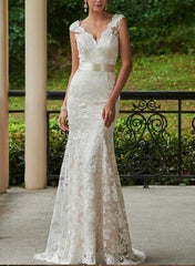 Lace Sheath/Column V-neck Wedding Dresses With Bow(s) Sweep Train