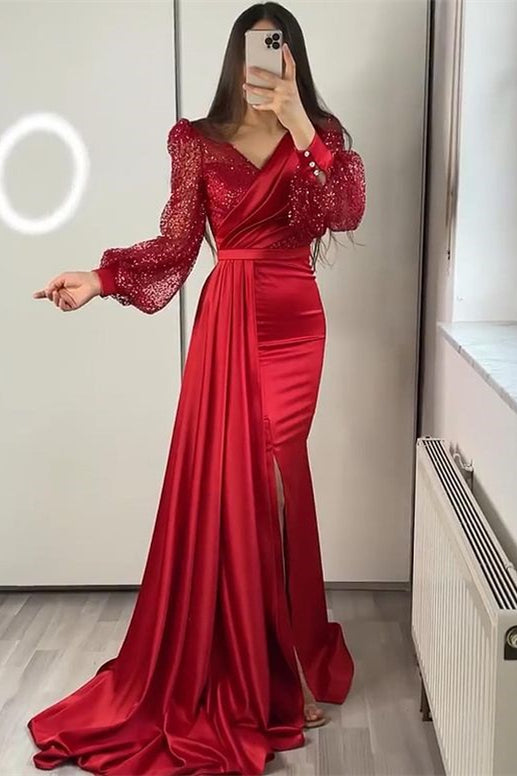 Sequins V-Neck Long Sleeves Mermaid Split Evening Dress with Ruffle