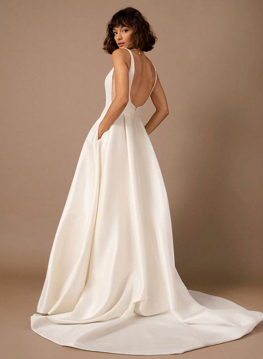 A-Line Square Neckline Sleeveless Satin Court Train Wedding Dresses With Pleated Pockets