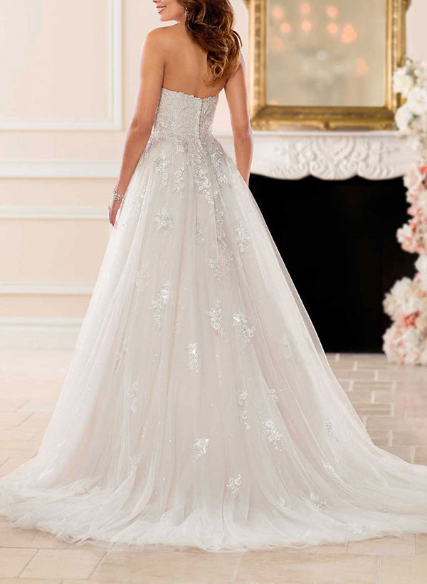 A-Line Strapless Sleeveless Tulle Lace Court Train Wedding Dresses With Appliques Lace