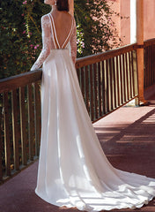 V Neck Satin Lace Court Train Wedding Dresses With Lace