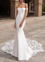 Off the shoulder Satin Lace Chapel Train Wedding Dresses With Lace - Trumpet/Mermaid