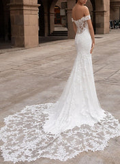 Off the shoulder Satin Lace Chapel Train Wedding Dresses With Lace - Trumpet/Mermaid