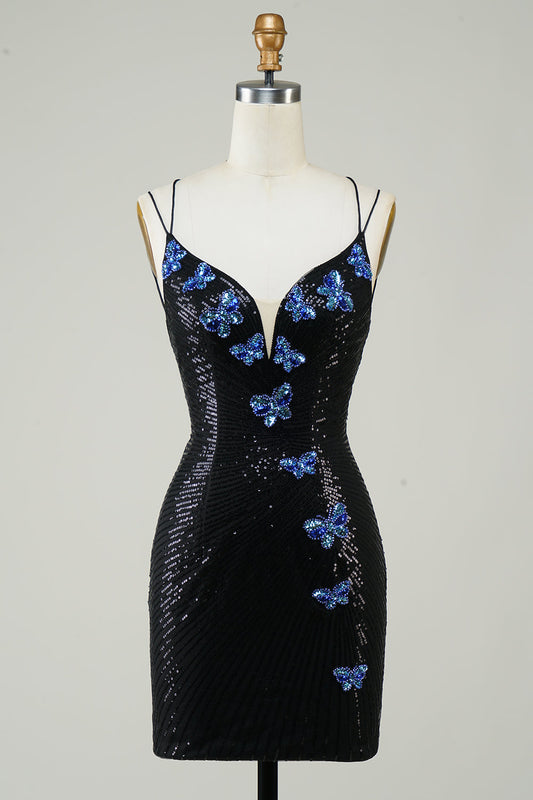 Sparkly Black Butterflies Sequins Beaded Tight Short Homecoming Dress