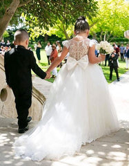 Ivory Tulle A Line Flower Girl Dress with Lace Appliques