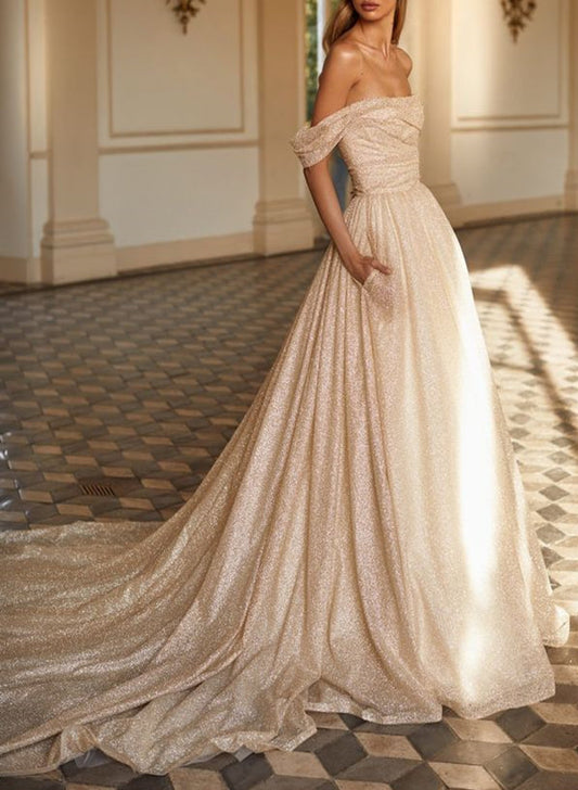 Off-Shoulder Sequined Court Train Wedding Dress