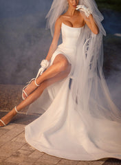 Strapless Sleeveless Satin Sweep Train Wedding Dress