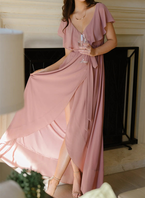 Chiffon Asymmetrical Bridesmaid Dress with Bows