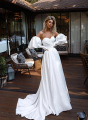 A-Line Strapless Sweep Train Satin Wedding Dress With Front Split