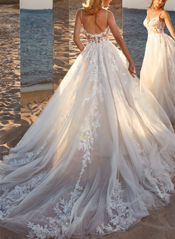 Ball-Gown V-neck Sleeveless Tulle Court Train Wedding Dress With Lace Appliques