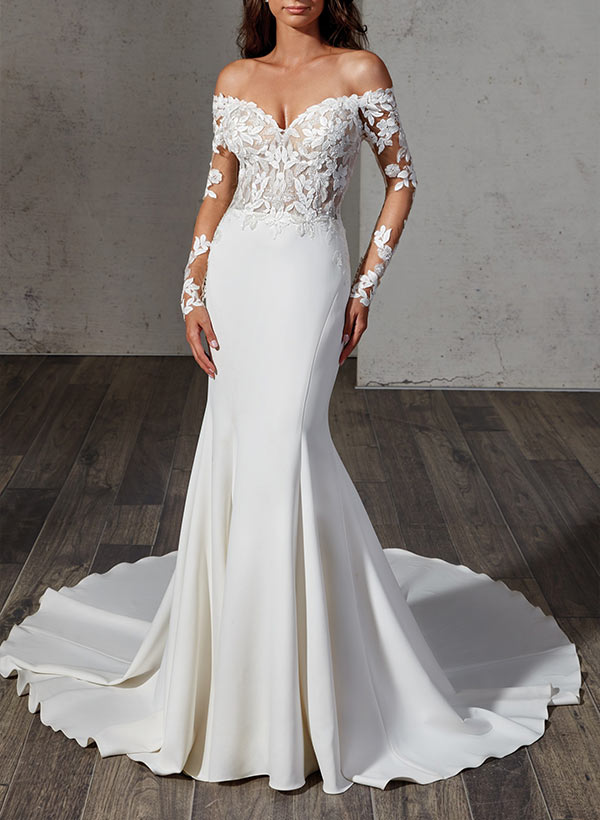 Off-the-Shoulder Sweep Train Wedding Dress With Lace - Trumpet/Mermaid