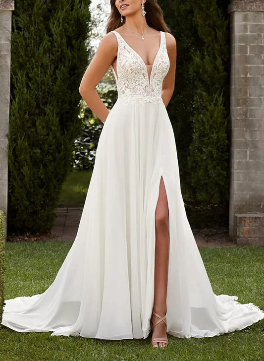 A-Line V-Neck Sweep Train Chiffon Wedding Dress With Split Front