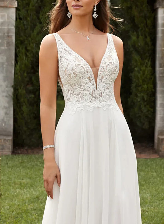 A-Line V-Neck Sweep Train Chiffon Wedding Dress With Split Front