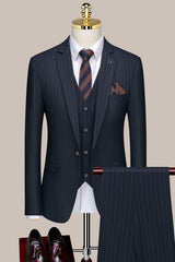 Tyler Dark Blue Striped Three-Piece Notched Lapel Business Suit