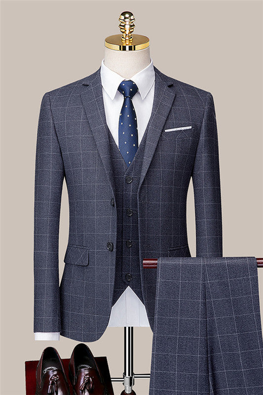 Joseph Gray Three-Piece Plaid Notched Lapel Business Suit