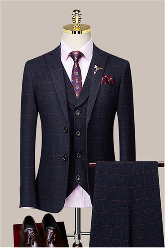 Anthony Navy Blue Plaid Peaked Lapel Slim Fit Men's Suit