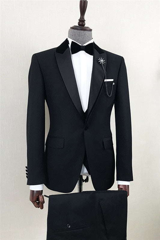 Andrew Modern Black Peaked Lapel One Button Wedding Suit for Men