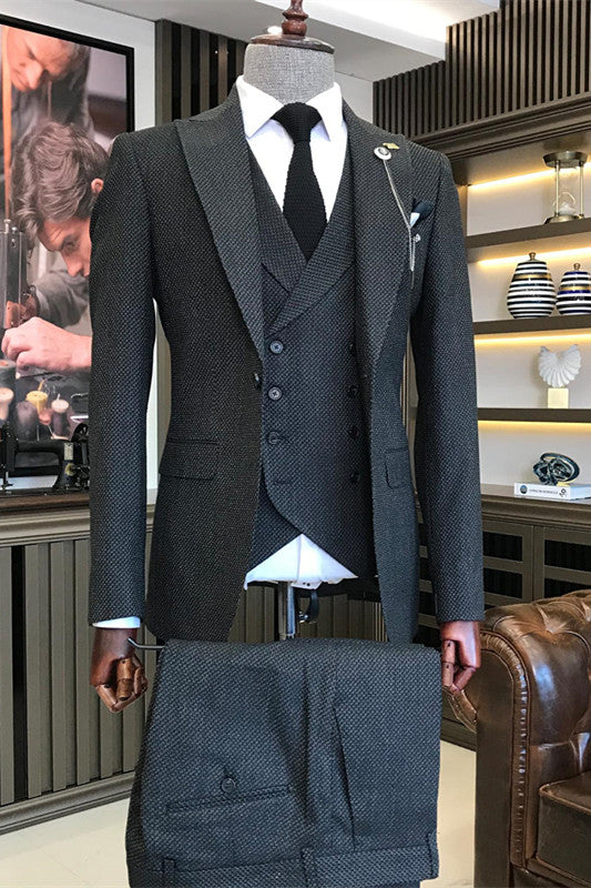 Antoine Bespoke Black Peaked Lapel 3-Piece Close-Fitting Business Suit