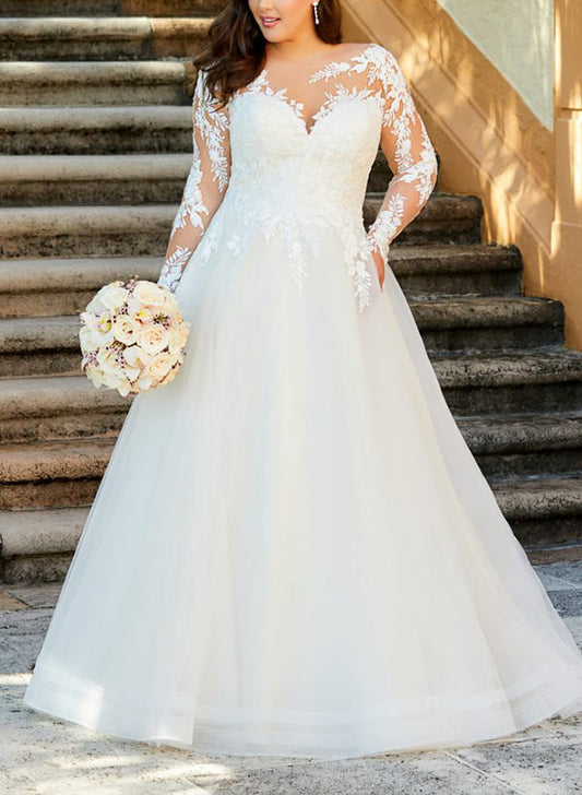 Ball-Gown/Princess Illusion Neck Sweep Train Organza Plus Size Wedding Dress With Lace Appliques