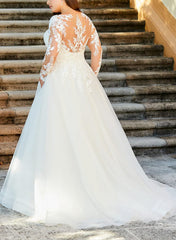 Ball-Gown/Princess Illusion Neck Sweep Train Organza Plus Size Wedding Dress With Lace Appliques