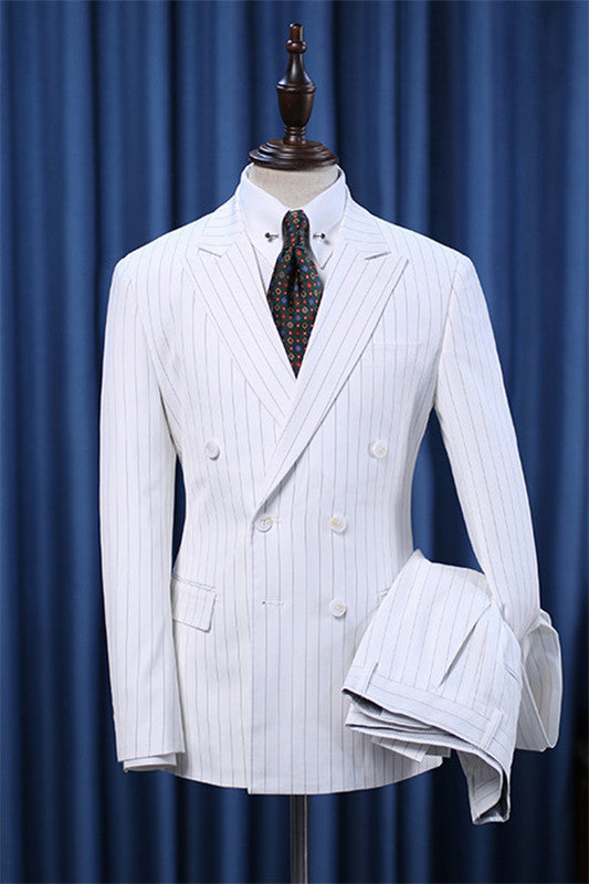 Brandon White Striped Double-Breasted Peaked Lapel Suit