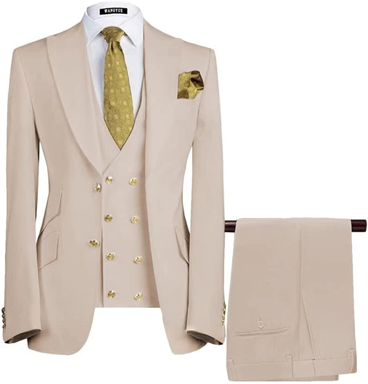 Armand Beige Three-Piece Peaked Lapel Prom Suit