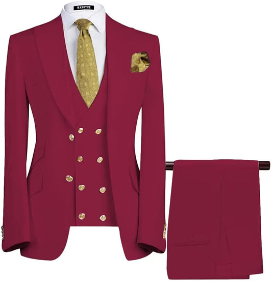 Broderick Burgundy Three-Piece Peaked Lapel Prom Suit