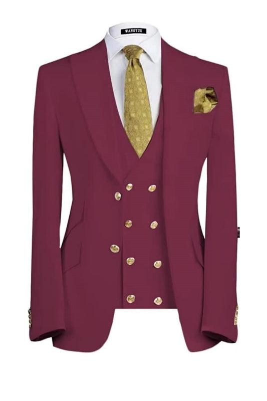 Byron Deep Red Three-Piece Peaked Lapel Prom Suit