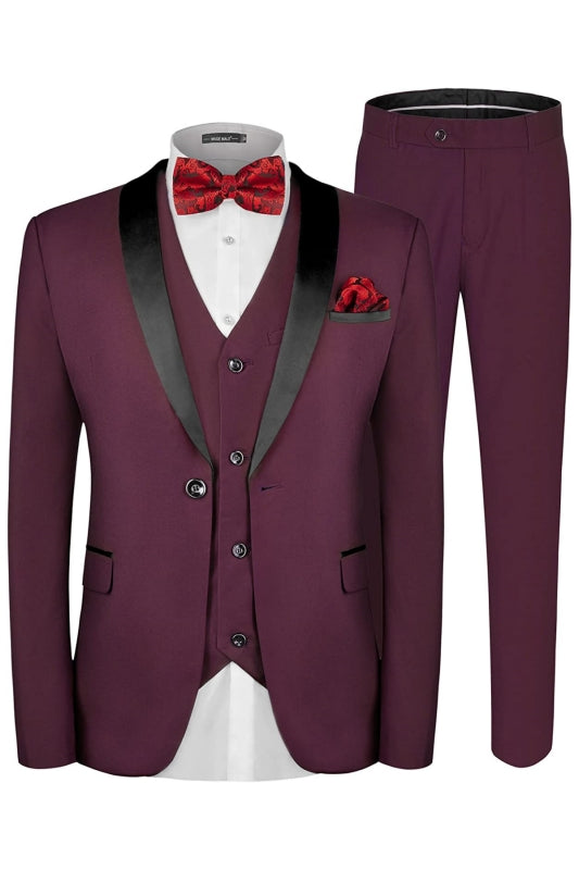 Benedict Burgundy Shawl Lapel Three-Piece Wedding Suit