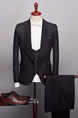 Handsome Black Jacquard One-Button Three-Piece Wedding Suit for Men