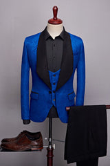 Royal Blue Jacquard One-Button Three-Piece Wedding Suit with Black Shawl Lapel