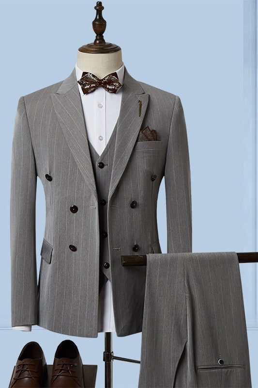 Chic Gray Striped Peaked Lapel 3-Piece Single Breasted Business Suit for Men