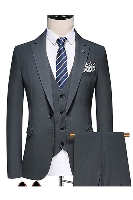 Formal Black Peaked Lapel One Button 3-Piece Men's Business Suit